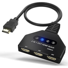 Load image into Gallery viewer, HDMI Switch, HDMI Splitter 3 in 1 Out 4K@60Hz, 3-Port Switcher Selector with Pigtail Cable, Multi-Port Hub Supports 3D, HDCP2.2, HDR Compatible with Laptop, Xbox, Blu-Ray Player, Etc.
