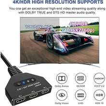 Load image into Gallery viewer, HDMI Switch, HDMI Splitter 3 in 1 Out 4K@60Hz, 3-Port Switcher Selector with Pigtail Cable, Multi-Port Hub Supports 3D, HDCP2.2, HDR Compatible with Laptop, Xbox, Blu-Ray Player, Etc.
