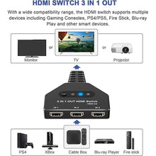 Load image into Gallery viewer, HDMI Switch, HDMI Splitter 3 in 1 Out 4K@60Hz, 3-Port Switcher Selector with Pigtail Cable, Multi-Port Hub Supports 3D, HDCP2.2, HDR Compatible with Laptop, Xbox, Blu-Ray Player, Etc.
