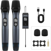 Load image into Gallery viewer, Wireless Microphone, UHF Dual Wireless Metal Dynamic Microphone System with Rechargeable Receiver, Suitable for Karaoke Singing, Weddings DJ Party, Speech, Church, Classroom use, 200 feet
