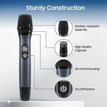 Load image into Gallery viewer, Wireless Microphone, UHF Dual Wireless Metal Dynamic Microphone System with Rechargeable Receiver, Suitable for Karaoke Singing, Weddings DJ Party, Speech, Church, Classroom use, 200 feet
