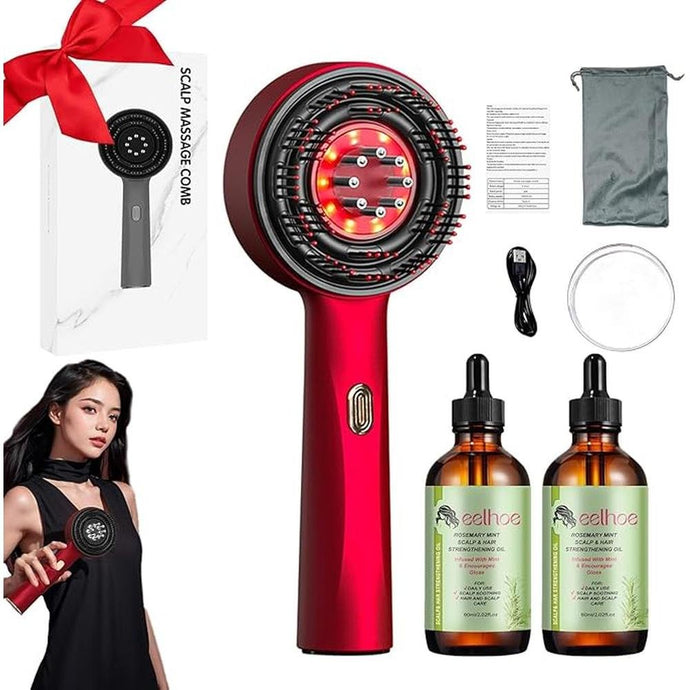 Red Hair Massager, Scalp Massager, Multi-Function Electric Scalp Massage Comb for Hair, Cordless Waterproof Oil Diffuser Massage Comb (Set Red)