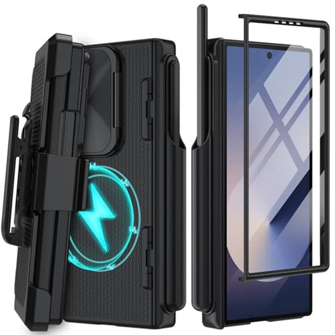 muitq for Samsung Galaxy Z Fold 6 Case with Belt Clip Holster & S Pen Slot & Hinge Protection & Tempered Glass Screen Protector, Magnetic Shockproof Full Body Heavy Duty Phone Case (Black)
