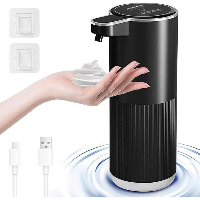 Automatic Foaming Soap Dispenser, 12.2oz/360ml Rechargeable Touchless Hand Soap Dispenser, 4 Level Adjustable with Display, Waterproof Wall Mounted Soap Dispenser for Bathroom Kitchen, Black