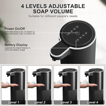 Load image into Gallery viewer, Automatic Foaming Soap Dispenser, 12.2oz/360ml Rechargeable Touchless Hand Soap Dispenser, 4 Level Adjustable with Display, Waterproof Wall Mounted Soap Dispenser for Bathroom Kitchen, Black
