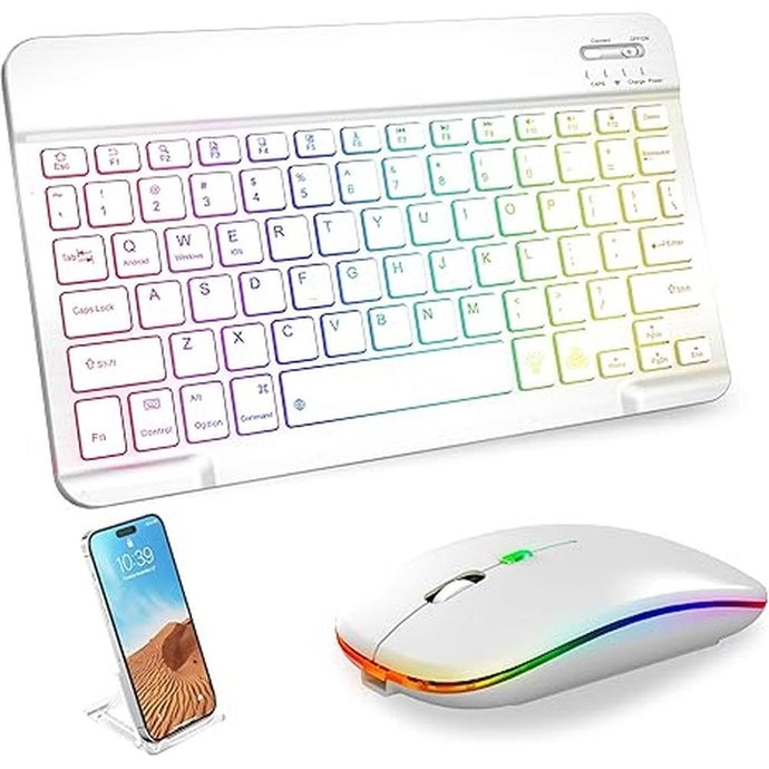 Bluetooth Keyboard & Mouse Combo for iPad - Rechargeable RGB Wireless Set with 7-Color Backlit, Compatible with iPad 10th/9th/8th Gen, iPad Pro/Air/Mini (White).