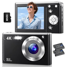 Load image into Gallery viewer, 4K Digital Camera, Autofocus Vlogging Cameras for Photography with 32GB Card, 50MP Portable Compact Point and Shoot Digital Camera for Beginner Teens Adult with 16X Zoom Anti-Shake, 2 Batteries
