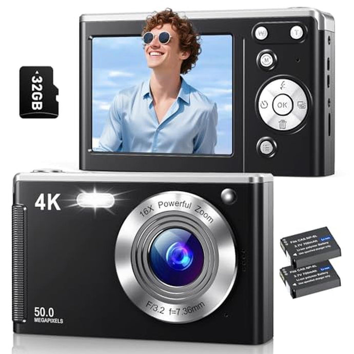 4K Digital Camera, Autofocus Vlogging Cameras for Photography with 32GB Card, 50MP Portable Compact Point and Shoot Digital Camera for Beginner Teens Adult with 16X Zoom Anti-Shake, 2 Batteries