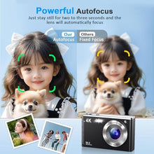 Load image into Gallery viewer, 4K Digital Camera, Autofocus Vlogging Cameras for Photography with 32GB Card, 50MP Portable Compact Point and Shoot Digital Camera for Beginner Teens Adult with 16X Zoom Anti-Shake, 2 Batteries
