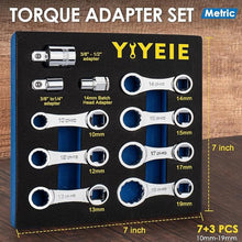 Load image into Gallery viewer, 10PCS Torque Adapter Set Metric, 10, 12, 13, 14, 15, 17, 19mm Torque Wrech Extension Adapter, 12 Point Box End Torque Wrench Adapter 3/8&quot; Drive, with 1/2&#39;&#39; and 1/4&#39;&#39; Adapters, EVA Foam
