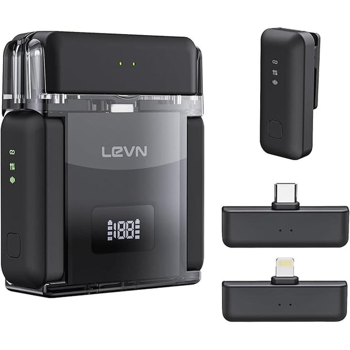 LEVN Wireless Lavalier Microphone, 2 TX + 2 RX + Charging Case, Mini Mic with Noise Cancellation, 20H Battery, Wireless Microphone for iPhone 15/14/13/12, Android (Black)