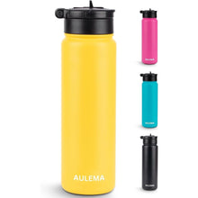 Load image into Gallery viewer, 24OZ Stainless Steel Double Wall Insulated Water Bottle, Keeps Drinks Cold 24 Hours/Hot 12 Hours, Leak-Proof, Foldable Straw Lid, Dishwasher Safe, Fits Car Cup Holder, Golden Yellow
