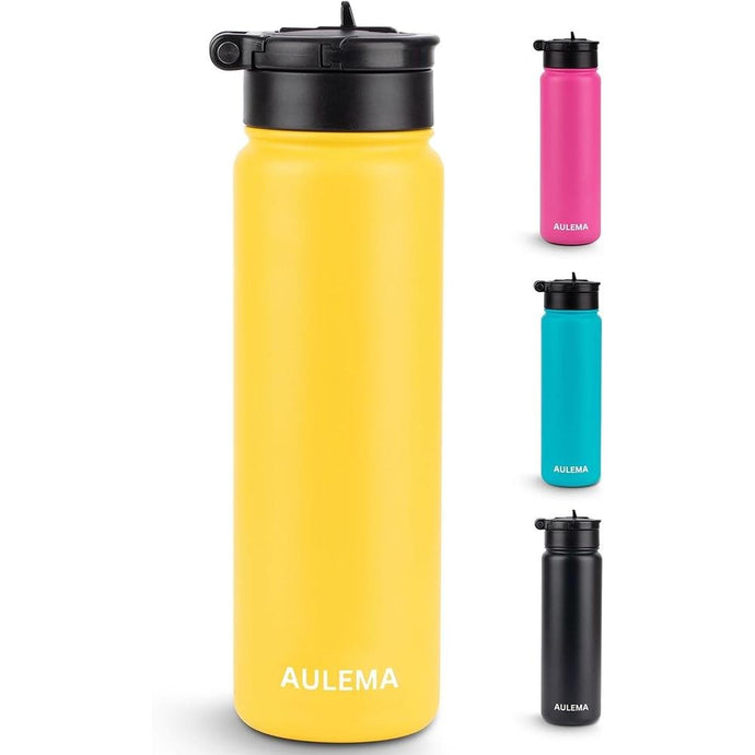 24OZ Stainless Steel Double Wall Insulated Water Bottle, Keeps Drinks Cold 24 Hours/Hot 12 Hours, Leak-Proof, Foldable Straw Lid, Dishwasher Safe, Fits Car Cup Holder, Golden Yellow