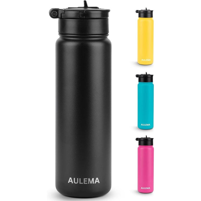 24OZ Stainless Steel Double Wall Insulated Water Bottle, Keeps Drinks Cold 24 Hours/Hot 12 Hours, Leak-Proof, Foldable Straw Lid, Dishwasher Safe, Fits Car Cup Holder, Black