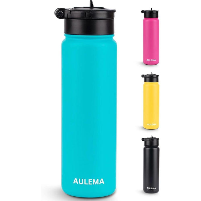 24OZ Stainless Steel Double Wall Insulated Water Bottle, Keeps Drinks Cold 24 Hours/Hot 12 Hours, Leak-Proof, Foldable Straw Lid, Dishwasher Safe, Fits Car Cup Holder, Bright Turquoise