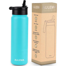 Load image into Gallery viewer, 24OZ Stainless Steel Double Wall Insulated Water Bottle, Keeps Drinks Cold 24 Hours/Hot 12 Hours, Leak-Proof, Foldable Straw Lid, Dishwasher Safe, Fits Car Cup Holder, Bright Turquoise
