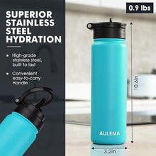 Load image into Gallery viewer, 24OZ Stainless Steel Double Wall Insulated Water Bottle, Keeps Drinks Cold 24 Hours/Hot 12 Hours, Leak-Proof, Foldable Straw Lid, Dishwasher Safe, Fits Car Cup Holder, Bright Turquoise
