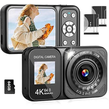 Load image into Gallery viewer, Digital Camera, 4K 64MP Dual Screens Camera, 18X Zoom, Point and Shoot Digital Camera with 64GB TF Card &amp; 2 Batteries, Portable Rechargeable Small Camera for Kids Teens Adult, Black
