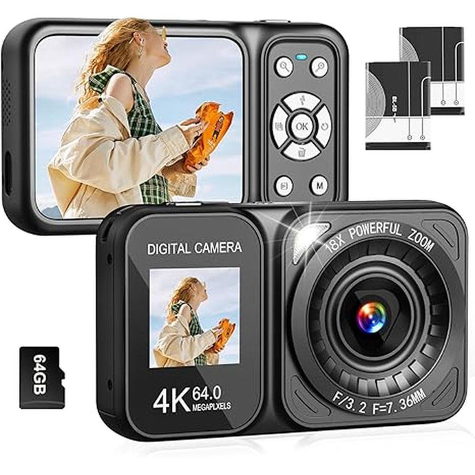 Digital Camera, 4K 64MP Dual Screens Camera, 18X Zoom, Point and Shoot Digital Camera with 64GB TF Card & 2 Batteries, Portable Rechargeable Small Camera for Kids Teens Adult, Black