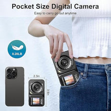 Load image into Gallery viewer, Digital Camera, 4K 64MP Dual Screens Camera, 18X Zoom, Point and Shoot Digital Camera with 64GB TF Card &amp; 2 Batteries, Portable Rechargeable Small Camera for Kids Teens Adult, Black
