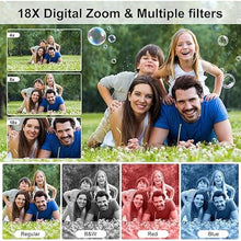 Load image into Gallery viewer, Digital Camera, 4K 64MP Dual Screens Camera, 18X Zoom, Point and Shoot Digital Camera with 64GB TF Card &amp; 2 Batteries, Portable Rechargeable Small Camera for Kids Teens Adult, Black
