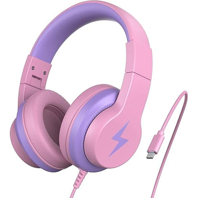 Kids Headphones for School, Upgrade USB C Headphones for Kids, Wired Headphone for Kid, HD Stereo Sound, Foldable Kid Over-Ear Headphone for Boys, Girls, PC, Tablets, Travel-Pure Pink