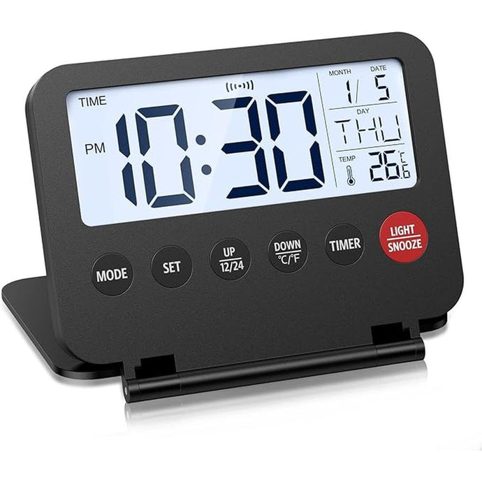 Small Digital Travel Alarm Clock, Black, Foldable Calendar Temperature Timer LCD Desk Clock, Snooze, 9 Alarm Sounds, Backlight, AAA Battery Operated Digital Clock for Home & Office, Travel