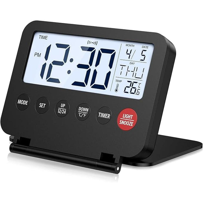 Digital Travel Alarm Clock, Battery Powered LCD Alarm Clock Display Date & Day, Temperature, Foldable Bedside Clock with Backlight & Snooze, 12/24H, Countdown Function, for Bedroom, Travel