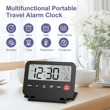 Load image into Gallery viewer, Digital Travel Alarm Clock, Battery Powered LCD Alarm Clock Display Date &amp; Day, Temperature, Foldable Bedside Clock with Backlight &amp; Snooze, 12/24H, Countdown Function, for Bedroom, Travel

