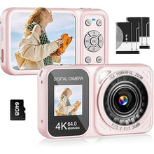 Load image into Gallery viewer, Digital Camera, 4K 64MP Dual Screens Camera, 18X Zoom, Point and Shoot Digital Camera with 64GB SD Card &amp; 2 Batteries, Portable Rechargeable Small Camera for Kids Teens Adult, Pink
