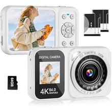 Load image into Gallery viewer, Digital Camera, 4K 64MP Dual Screens Camera, 18X Zoom, Point and Shoot Digital Camera with 64GB SD Card &amp; 2 Batteries, Portable Rechargeable Small Camera for Kids Teens Adult, White
