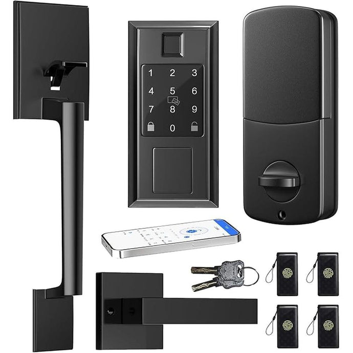 Smart Front Door Lock Set, Keyless Entry Door Lock Deadbolt with Handle Set, Touchscreen Keypad Smart Locks, Fingerprint Access, App Control, Matte Black