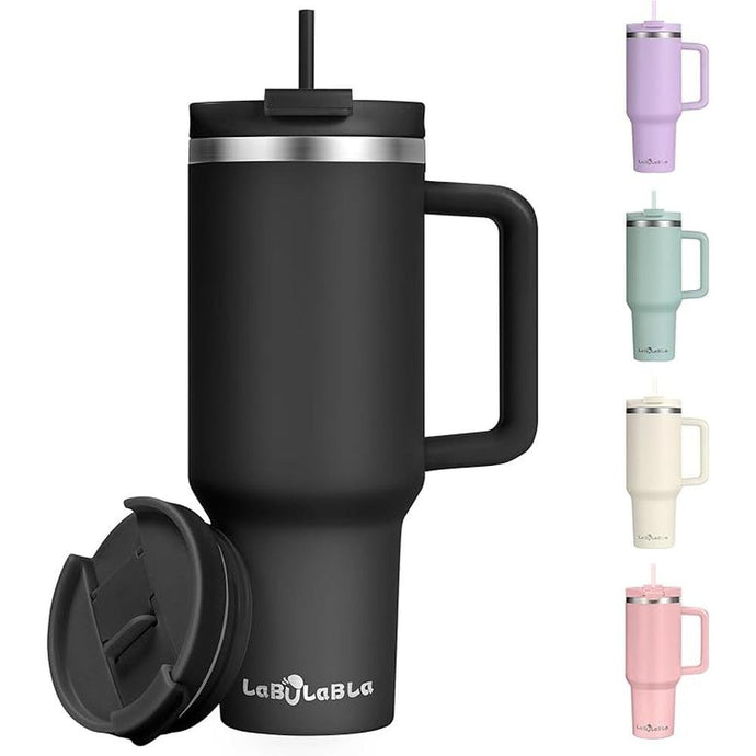 40oz Tumbler with Handle,Double Wall Vacuum Reusable Stainless Steel Insulated Water Bottle,With Leak Proof lid and Straw for Iced or Cold Beverages (Black)
