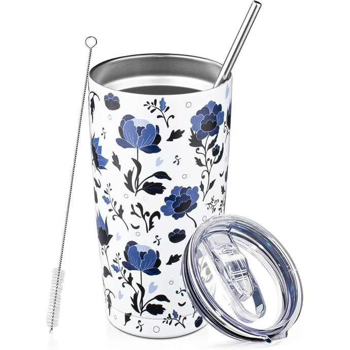 20oz Tumbler with Lid and Straw Double Wall Powder Coated Vacuum Insulated Coffee Tumbler Stainless Steel Travel Coffee Mug Spill-Proof Thermal Cup for Hot and Cold Beverage,Blue and White Porcelain
