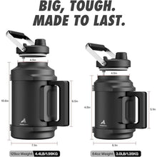 Load image into Gallery viewer, 64 oz Insulated Water Bottle for Gym: 2-in-1 Straw Spout Lid, Dual Handle, Leakproof, Keep Cold 36H, Half Gallon Stainless Steel Water Jug for Travel, Hiking, Cycling, Park, Workout, Picnic (Midnight)
