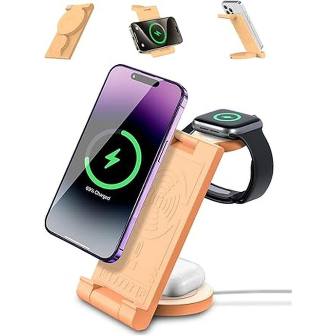 3 in 1 Charging Station for iPhone,Foldable Travel Charger Stand Multiple Devices for iPhone 16 15 14 13 12 11 X Pro Max & Apple Watch-Wireless Charger for AirPods,Compatible with Android Phone Orange