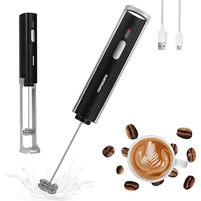 Nomcano Rechargeable Milk Frother Wand with Speed Control, Foldable Bracket and Stand, Electric Handheld Foam Maker with Detachable Stainless Steel Whisk For Coffee, Matcha