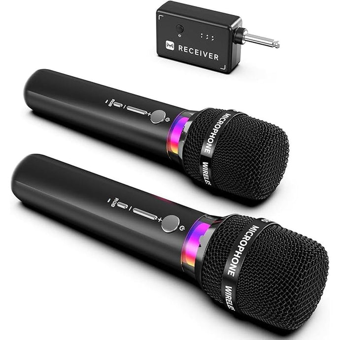 Wireless Microphone, Rechargeable Wireless Dual Microphones with One-to-One Chip Connection and LED Lights, 40H Duration, 200FT Range Receiving, Less Latency Karaoke Microphone for Singing