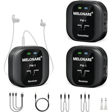 Load image into Gallery viewer, Wireless in-Ear Monitor System - UHF 500MHz, Low Latency, Auto-Pairing, 1 Beltpack Transmitter &amp; 2 Receivers, 10 Channels, Mono/Stereo Selection, IEM for Live Shows, Studio, Bands (PM-1-2R)
