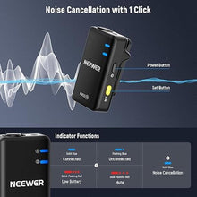Load image into Gallery viewer, NEEWER KM15 Wireless Lavalier Microphone System Compatible with iPhone Android Phone PC Computer, Mini USB C Noise Cancelling Lapel Mic, 300m Range 48KHz/24Bit 9H Battery for Video Recording Streaming
