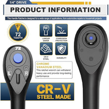 Load image into Gallery viewer, 1/4&quot; Drive Ratchet, 72-Tooth Ratchet Handle, 7 inch Quick Release Reversible Ratchet Wrench, CR-V Steel Made, Mechanical Maintenance, Bicycle Repair, DIYer
