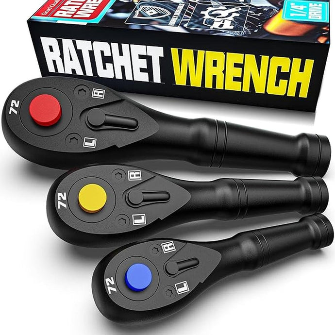 3PCS Stubby Ratchet Set, 1/4'', 3/8'', 1/2'' Drive Mini Ratchet Handle, 72-Tooth Quick Release Reversible Wrench, CR-V Steel, Mechanical Maintenance, Bicycle Repair, DIYer