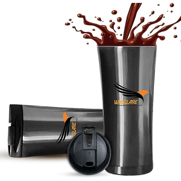 16oz Vacuum Insulated Travel Mug Coffee & Tea Tumbler Cup – 304 Stainless Steel, Spill-Proof Flip Lid, Hot & Cold, Portable Car Mug, Stylish Reusable Thermos for Travel, Office (Gold Grey)