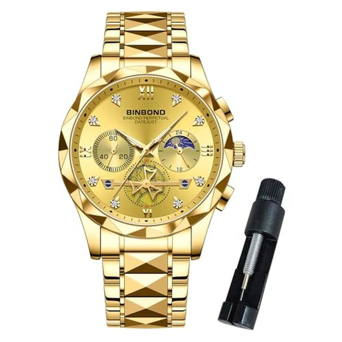 BINBOND Gold Watches for Men Stainless Steel Luxury Dress Business Diamond Roman Numeral Big Face Dial Multifunction Chronograph Mens Wrist Watch Waterproof Luminous
