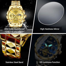 Load image into Gallery viewer, BINBOND Gold Watches for Men Stainless Steel Luxury Dress Business Diamond Roman Numeral Big Face Dial Multifunction Chronograph Mens Wrist Watch Waterproof Luminous
