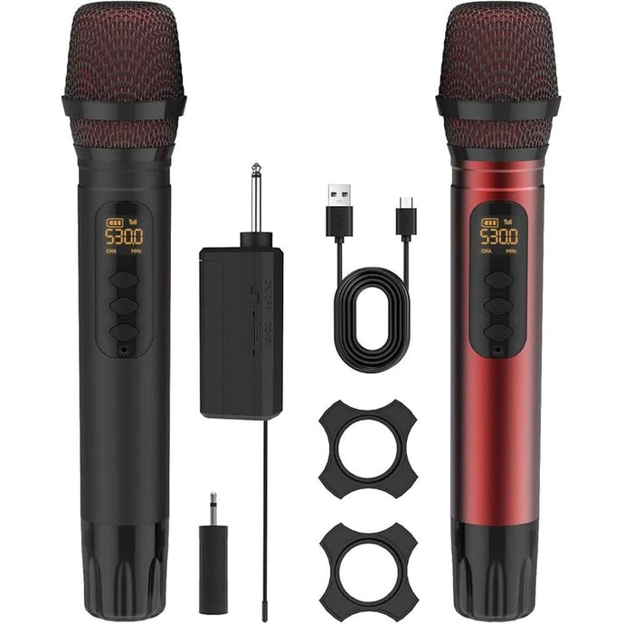 Wireless Microphones, UHF Metal Dual Handheld Cordless Dynamic Karaoke Microphone Wireless, 1/4 