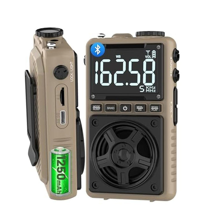 Bluetooth AM FM Shortwave Radio with NOAA Weather Alert,1250mAh Rechargeable Portable Pocket Radio with Best Reception,5W Big Speaker, Digital Tuner and Earphone,Support SD Card and USB Player?Brown?