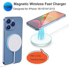 Load image into Gallery viewer, Magnetic Wireless Charger, 15W Magnet Fast Charging Pad for iPhone 16 Pro Max/16 Pro/16 Plus/16/15/14/13/12, Slim Mag Quick Charger with USB-A &amp; USB-C Charging Port (Plastic Charger with LED-White)
