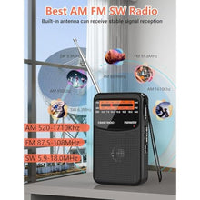 Load image into Gallery viewer, Portable AM FM SW Radio with Best Reception,Small Transistor Radio with 600mAh Rechargeable Battery,3W Large Speaker,Pocket Handheld with 3.5mm Earphones Jack,Gift for Elder
