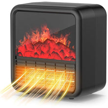 Load image into Gallery viewer, Small Portable Space Heater for Indoor use with Realistic 3D Flame, Mini Electric Fireplace Heater with Thermostat, 1500W/750W PTC Ceramic Heating, Tip-Over Safety Switch, Black
